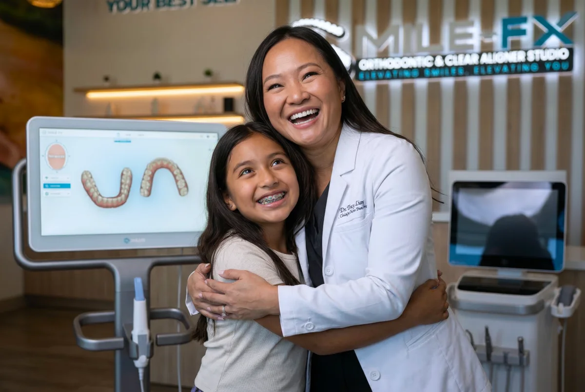 Dr. Tracy Liang with young patient showing 3D treatment simulation