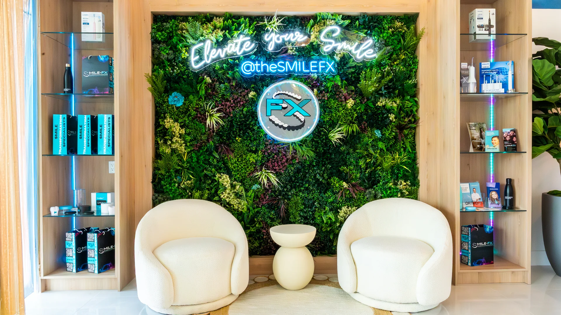 SMILE-FX Waiting Area with Elevate Your Smile Neon Sign