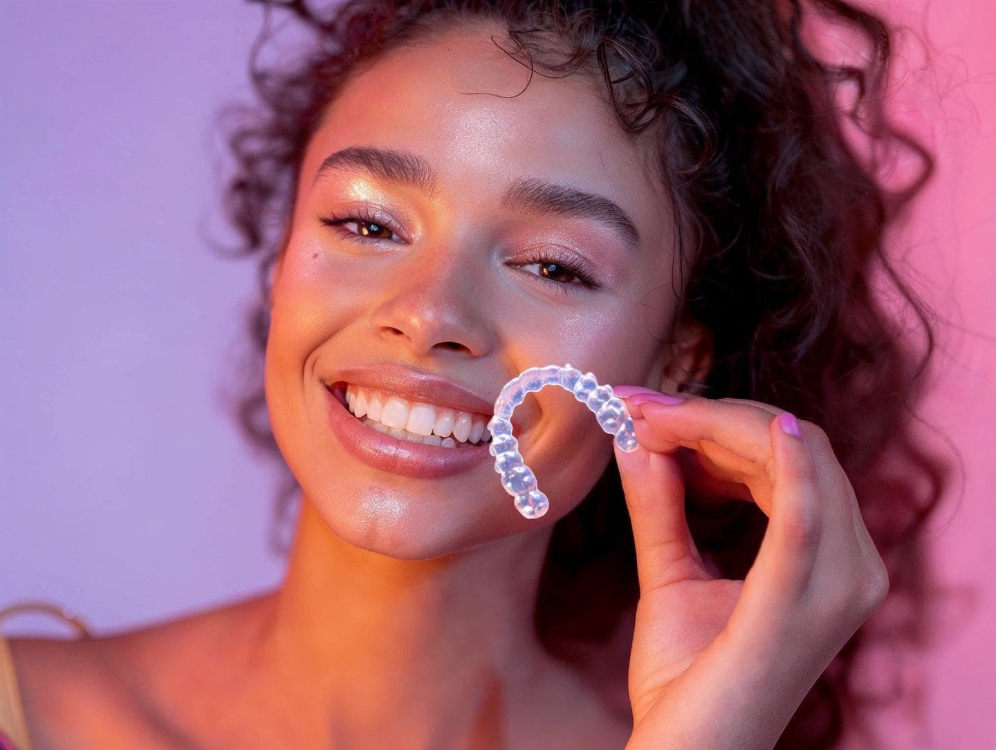 Young woman holding clear orthodontic aligner smiling at camera.