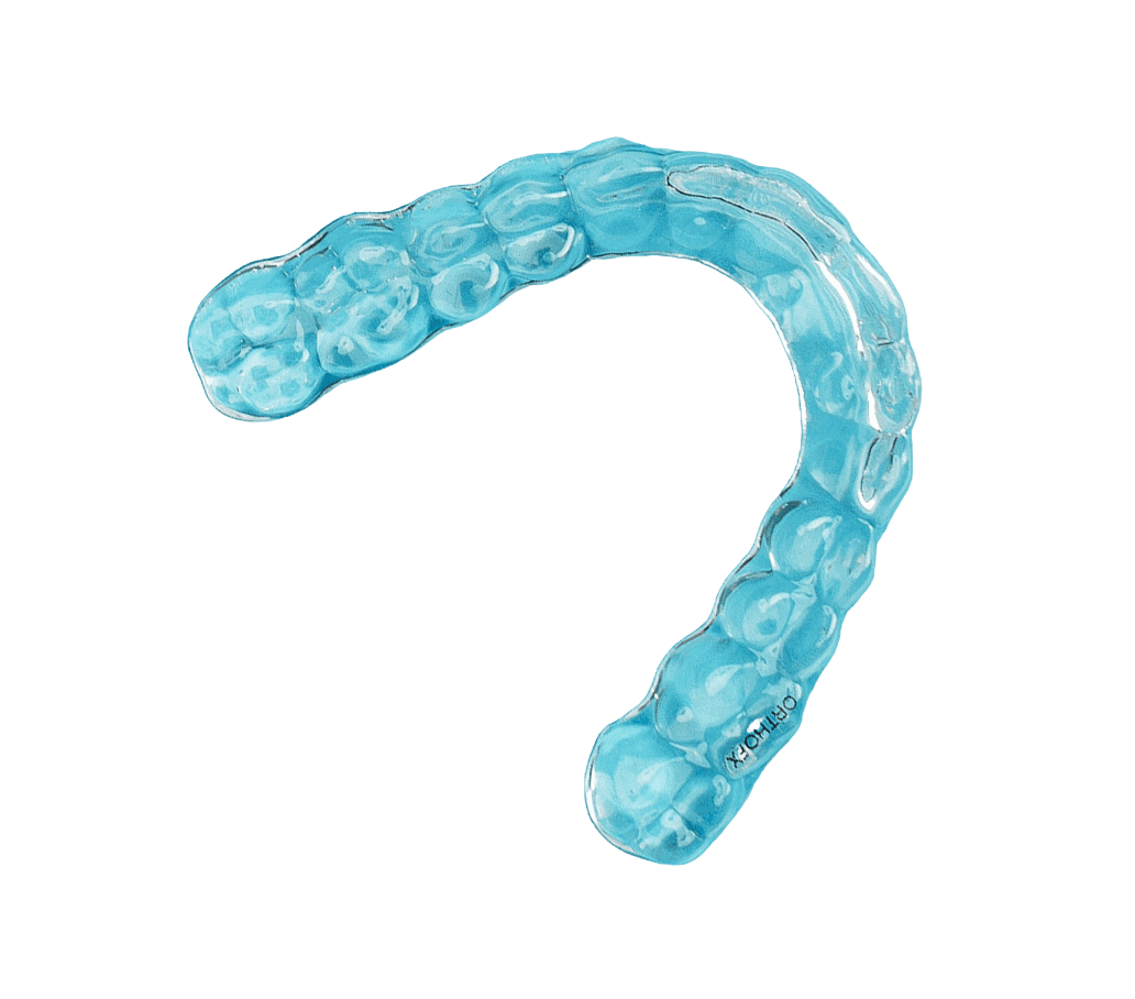 Translucent clear aligner used for orthodontic teeth straightening.